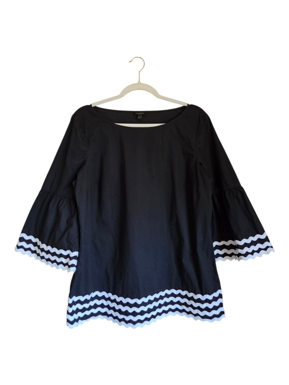 talbots womens black white rickrack trim bell sleeve top cotton blouse size l